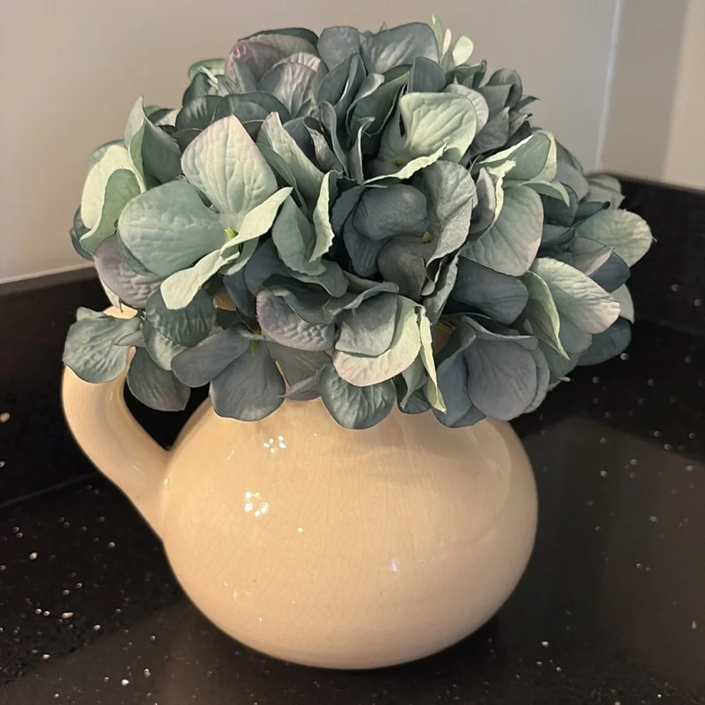Charming Ceramic Pitcher Vase w Faux Hydrangea Bloom Shabby Chic Cottagecore